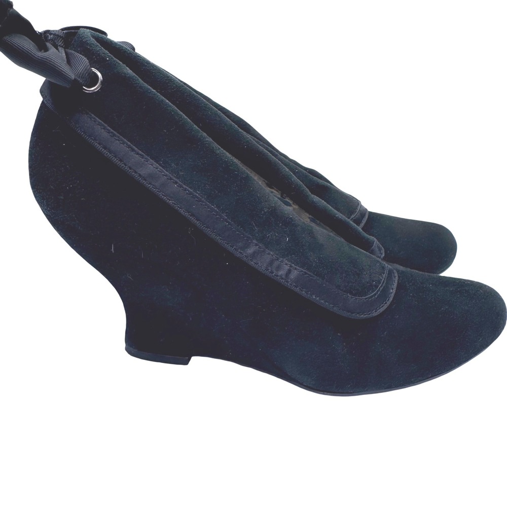 Bobbi Blu Wedge Booties Womens 8.5 Black Suede Bow Goth Elegant VTG Y2K